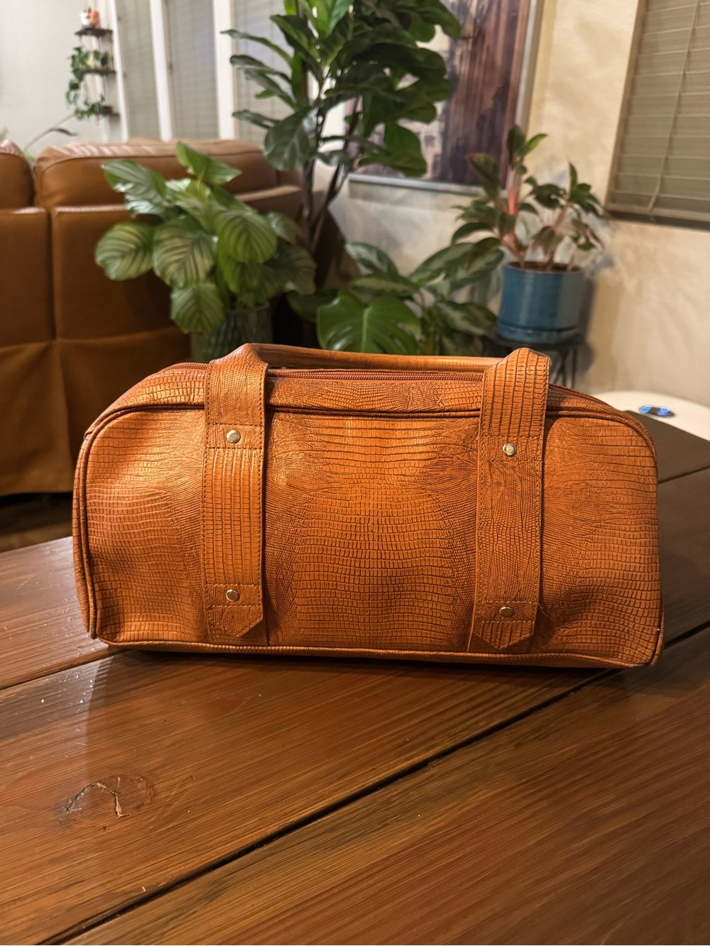 Kenneth Cole Cognac Leather Croc-Embossed Shoulder Bag
